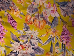 Mustard Multicolor Floral Linen Satin Fabric