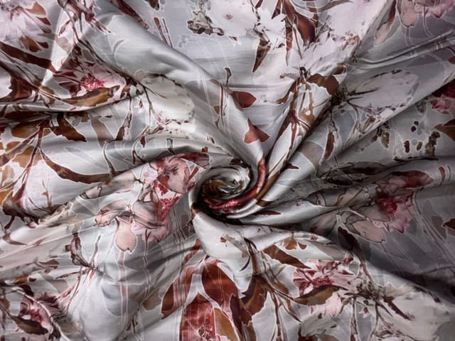 Grey Floral Linen Satin Fabric