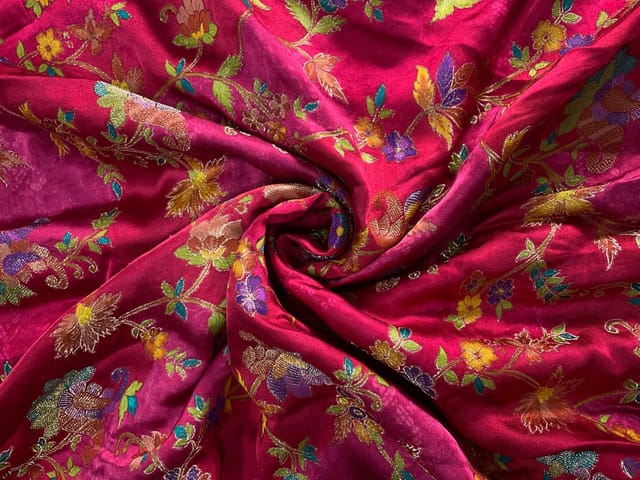 Magenta Pink Floral Satin Embroiderd Fabric