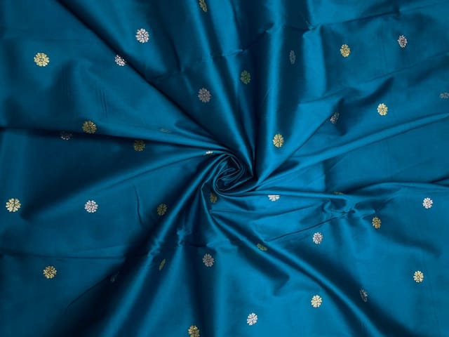 Teal Blue Floral Buti Embroidery Taffeta Silk Fabric