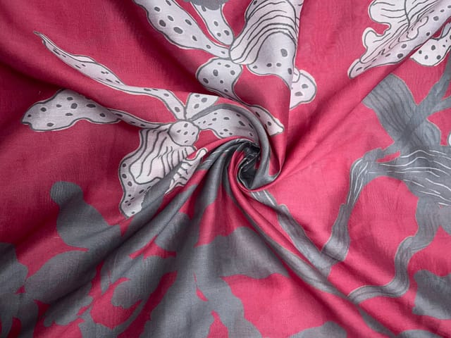Magenta & Grey Floral Pure Chanderi Fabric