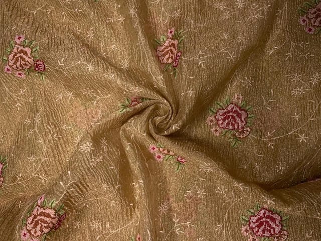 Golden Floral Crush Tissue Embroidery Fabric