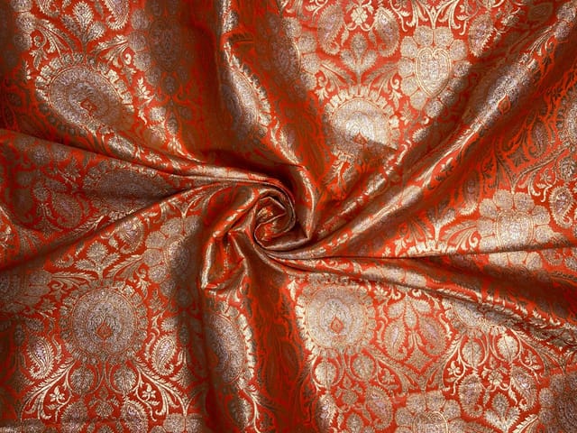 Orange & Gold Floral Semi Brocade Fabric