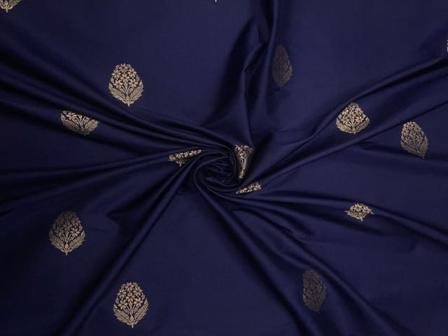 Navy Blue Floral Boti Embroidered Silk Fabric