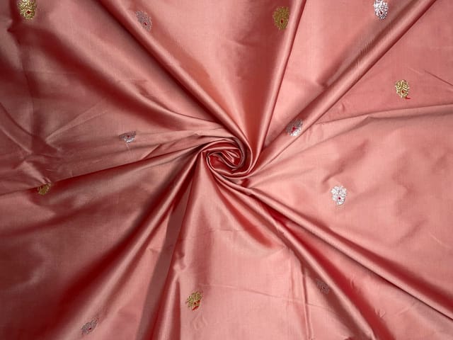 Peach Floral Buti Embroidery Taffeta Silk Fabric