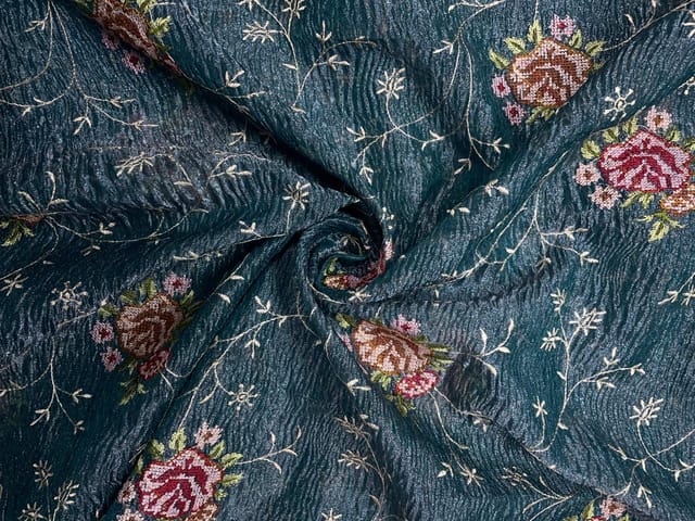 Blue Floral Crush Tissue Embroidery Fabric
