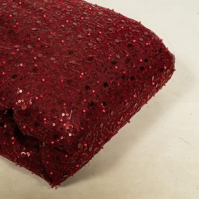 Maroon Colour Net Embroidered Fabric