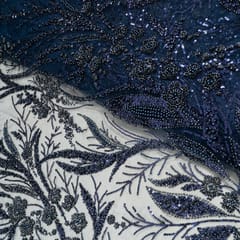 Navy Blue Colour Net Embroidered Fabric