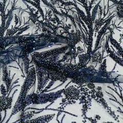 Navy Blue Colour Net Embroidered Fabric
