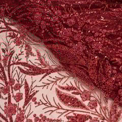 Maroon Colour Net Embroidered Fabric