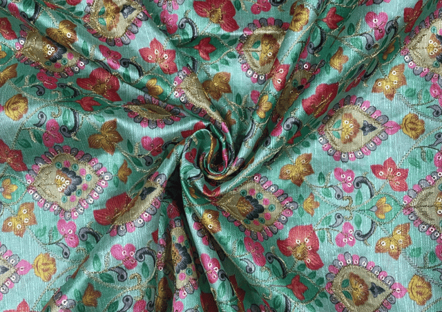 Green Traditional Malbhari Silk Printed Embroidery Fabric