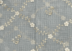 Grey Floral Embroidery Pure Kota Fabric