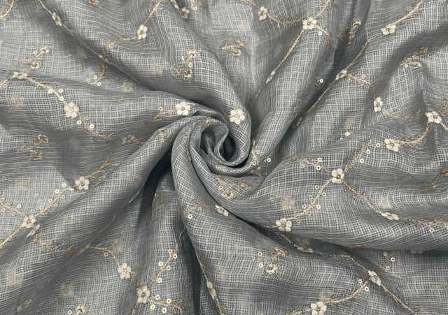 Grey Floral Embroidery Pure Kota Fabric