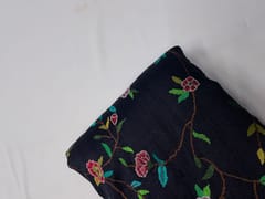Black Floral Embroidery Pure Raw Silk Fabric