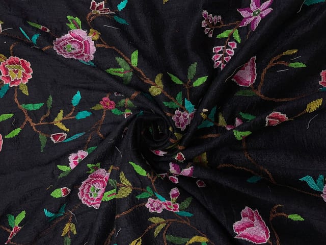 Black Floral Embroidery Pure Raw Silk Fabric