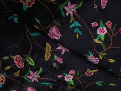Black Floral Embroidery Pure Raw Silk Fabric
