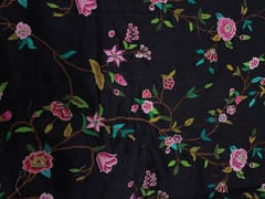 Black Floral Embroidery Pure Raw Silk Fabric