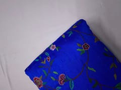 Royal Blue Floral Embroidery Pure Raw Silk Fabric