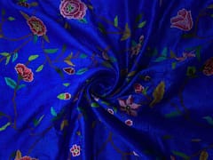 Royal Blue Floral Embroidery Pure Raw Silk Fabric