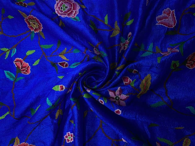 Royal Blue Floral Embroidery Pure Raw Silk Fabric