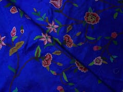 Royal Blue Floral Embroidery Pure Raw Silk Fabric