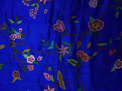Royal Blue Floral Embroidery Pure Raw Silk Fabric