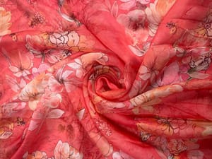 Dull Red Floral Viscose Organza Fabric