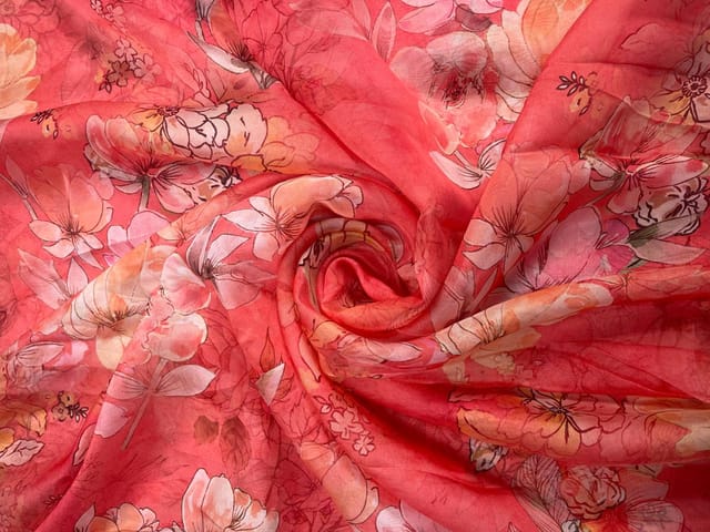 Dull Red Floral Viscose Organza Fabric