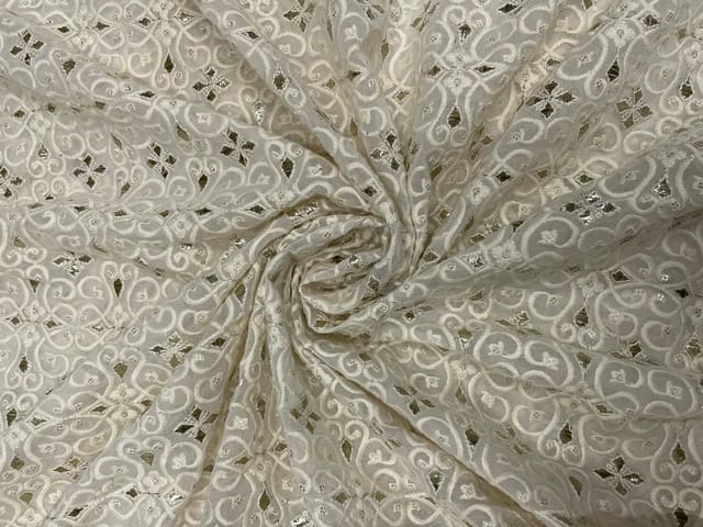 White Dyeable Geometric Georgette Embroidery Fabric