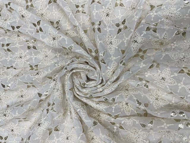 White Dyeable Geometric Georgette Embroidery Fabric