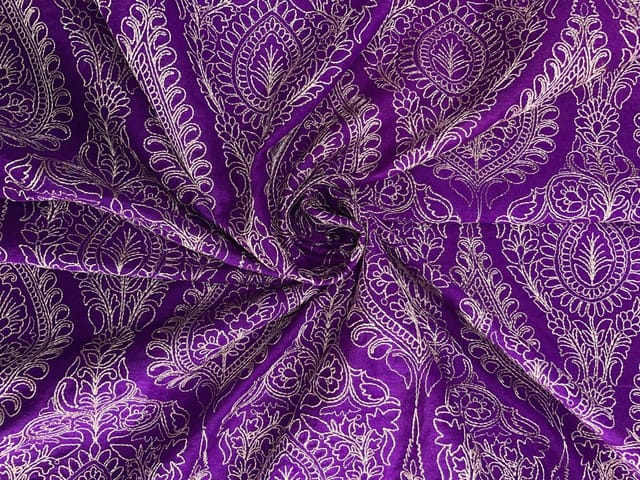 Royal Purple Floral Pure Monga Silk Embroideryroidery Fabric