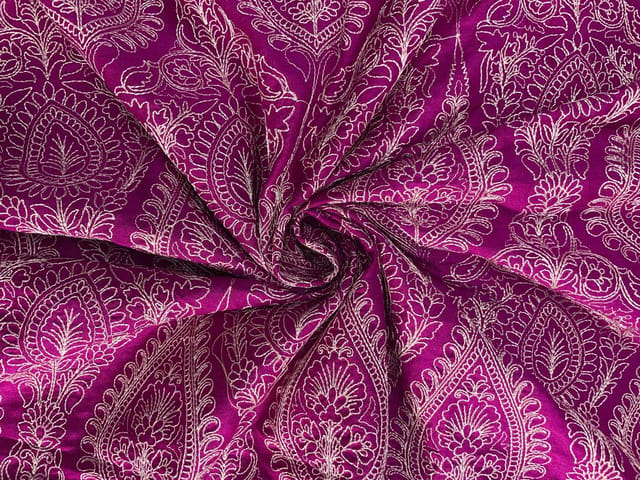 Magenta Floral Pure Monga Silk Fabric