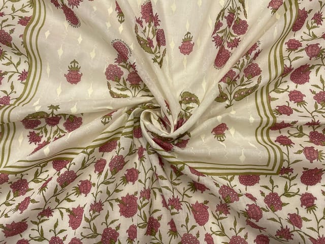 Peach & White Floral Cotton Dupatta Fabric