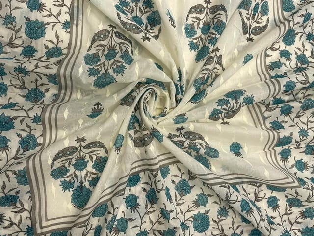Sky Blue & White Floral Cotton Dupatta Fabric