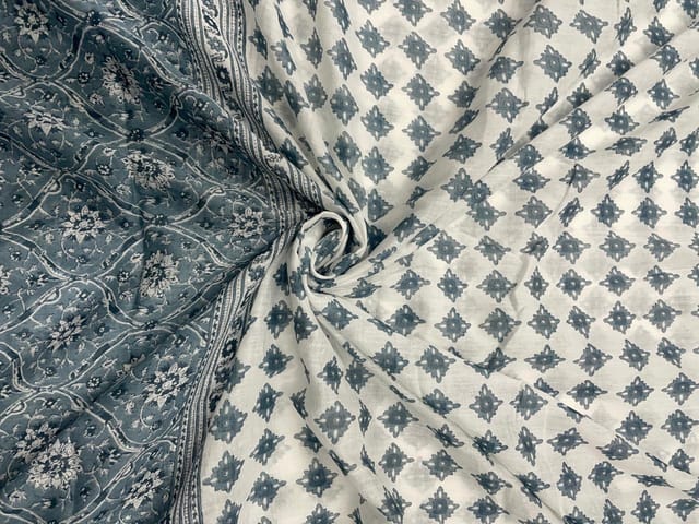 Grey Floral Cotton Dupatta Fabric