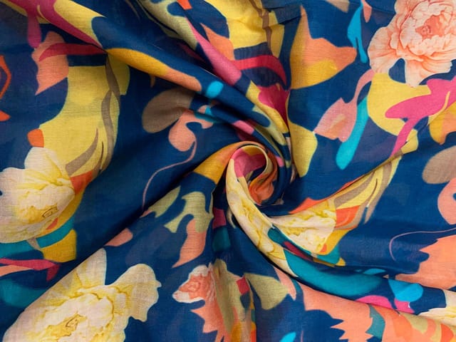 Blue Multi Color Abstract Pure Chanderi Print Fabric