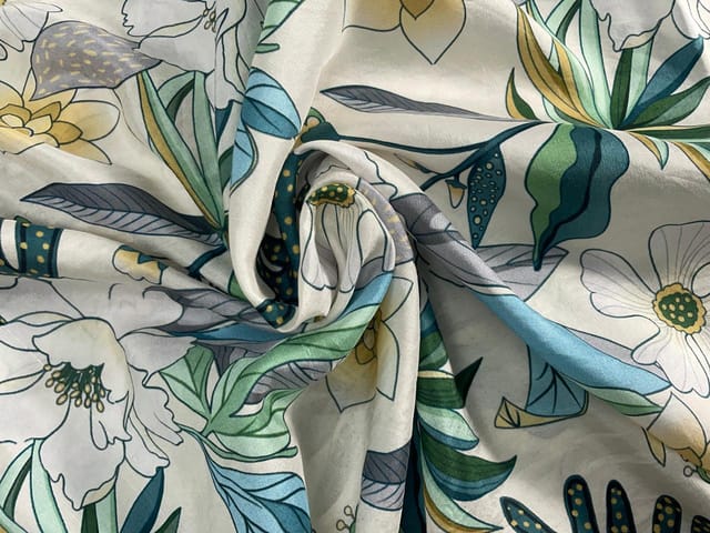 White Multicolor Floral Pure Dupion Print Fabric