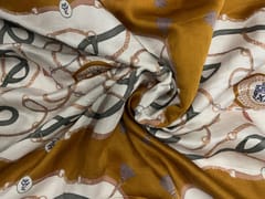 Mustard White Abstract Linen Satin Print Fabric