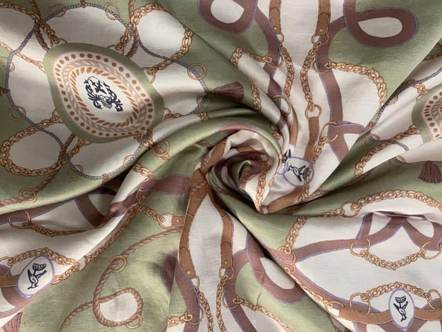 Sea Green White Abstract Linen Satin Print Fabric