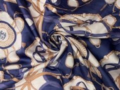 Teal Blue White Abstract Linen Satin Print Fabric