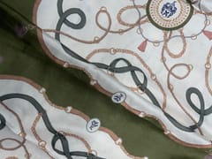 Olive Green White Abstract Linen Satin Print Fabric
