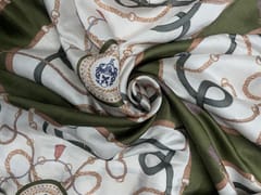 Olive Green White Abstract Linen Satin Print Fabric