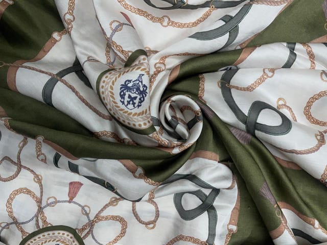 Olive Green White Abstract Linen Satin Print Fabric
