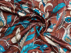 Brown Floral Linen Satin Print Fabric