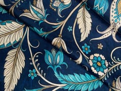 Navy Blue Floral Linen Satin Print Fabric