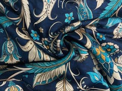 Navy Blue Floral Linen Satin Print Fabric