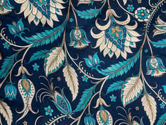 Navy Blue Floral Linen Satin Print Fabric