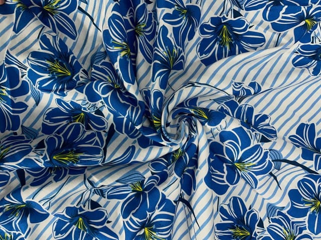 Blue White Floral Pure Chanderi Print Fabric