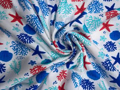 White Blue Star Pure Chanderi Print Fabric