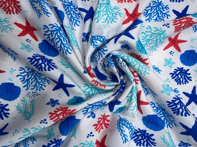 White Blue Star Pure Chanderi Print Fabric